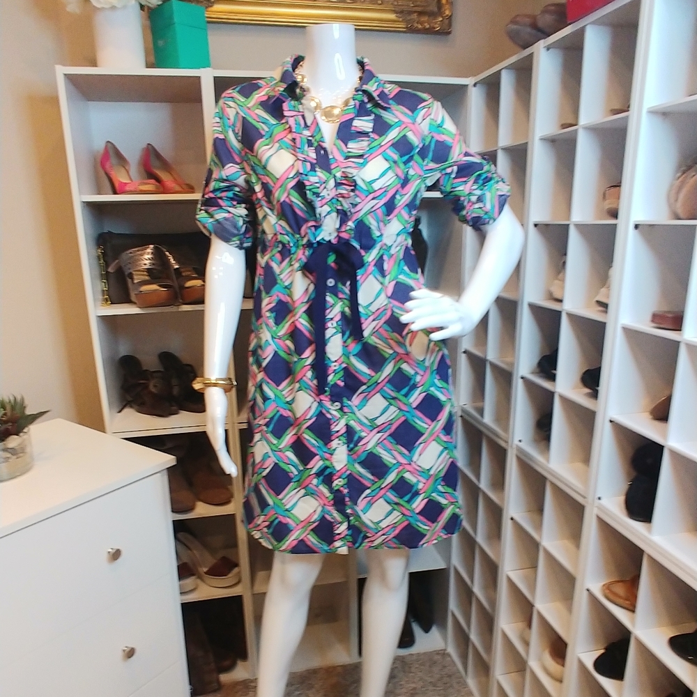 Lilly Pulitzer Navy, Pink, Green & White Geometric Ruffle Midi Dress